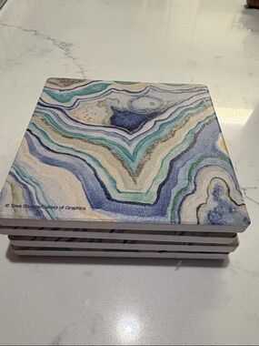Marbled Stone-Pattern Coasters - Blue Green Gold Set